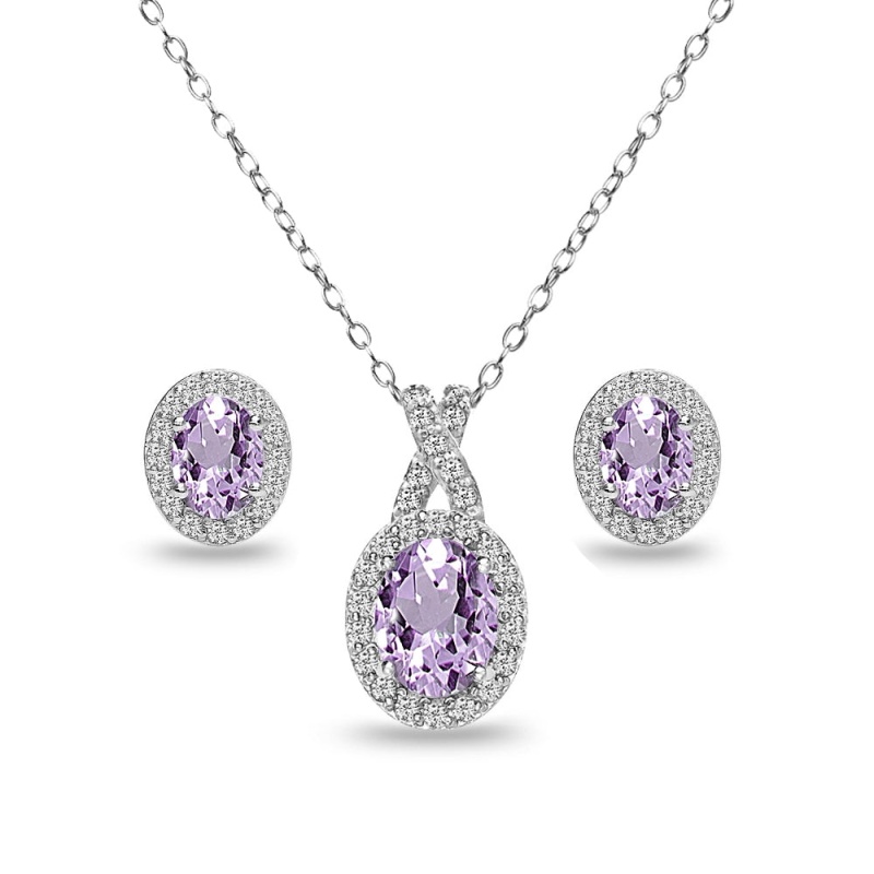 Sterling Silver Amethyst & White Topaz Oval Halo Necklace & Stud Earrings Set