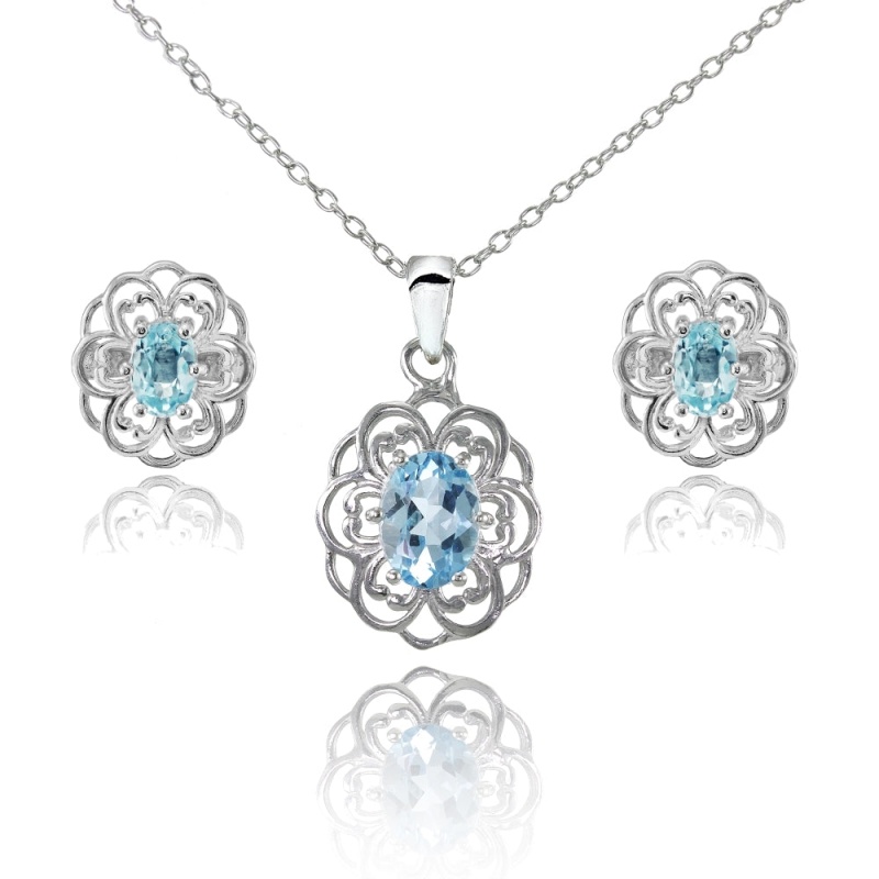 Sterling Silver Blue Topaz Oval Filigree Flower Pendant Necklace And Stud Earrings Set