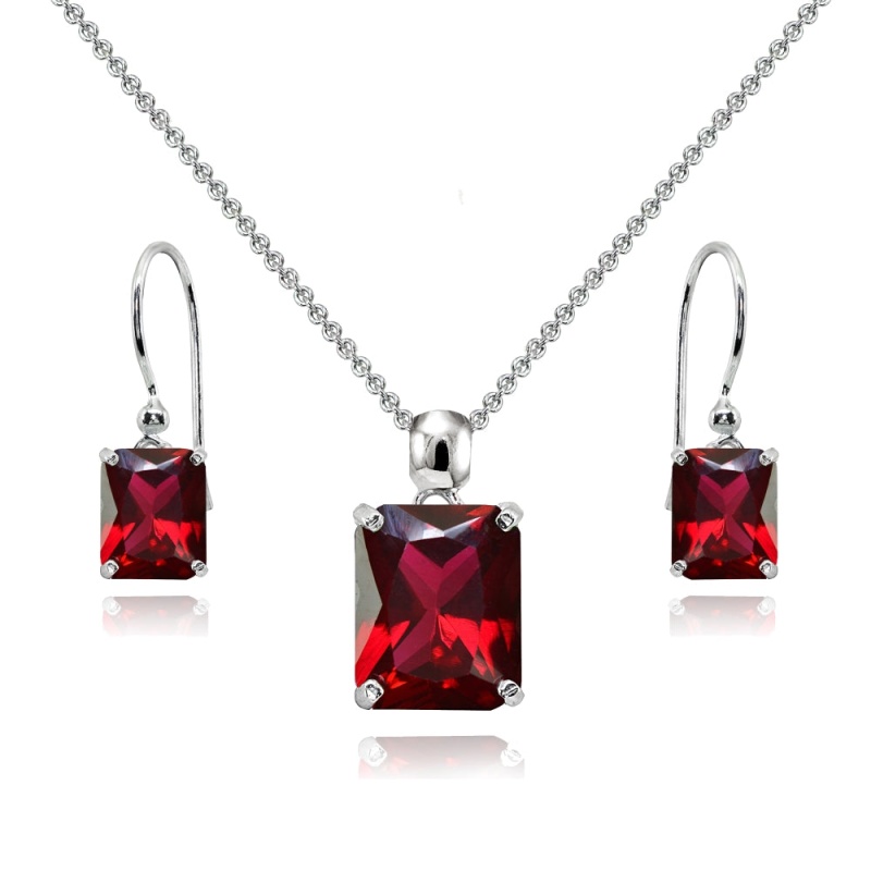 Sterling Silver Created Ruby Octagon-Cut Solitaire Drop Dangle Earrings & Necklace Set