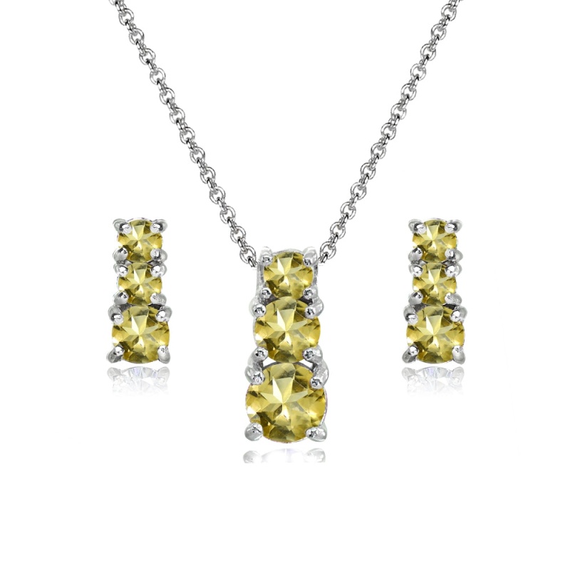 Sterling Silver Citrine Round Graduating Three Stone Stud Earrings & Necklace Set