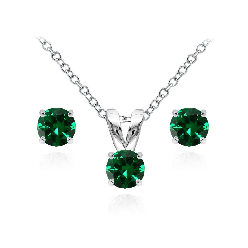 Sterling Silver Simulated Emerald 5Mm Round Solitaire Pendant Necklace And Stud Earrings Set