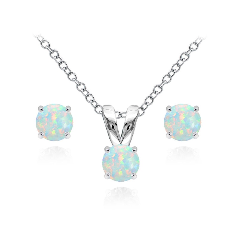Sterling Silver Created White Opal 5Mm Round Solitaire Pendant Necklace And Stud Earrings Set