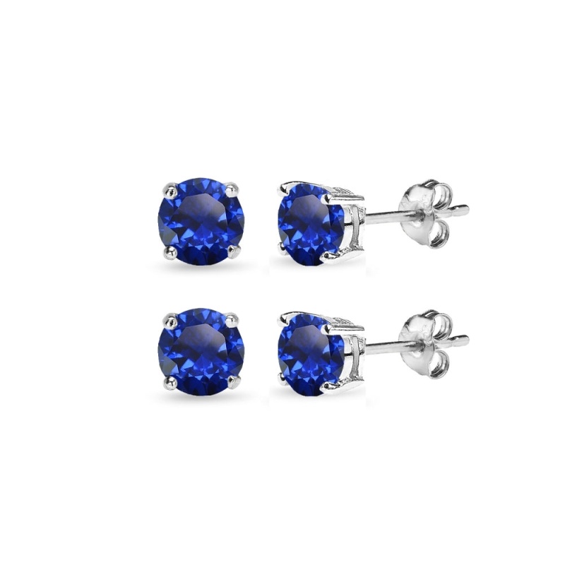 2 Pair Set Sterling Silver 6Mm Created Blue Sapphire Round Stud Earrings