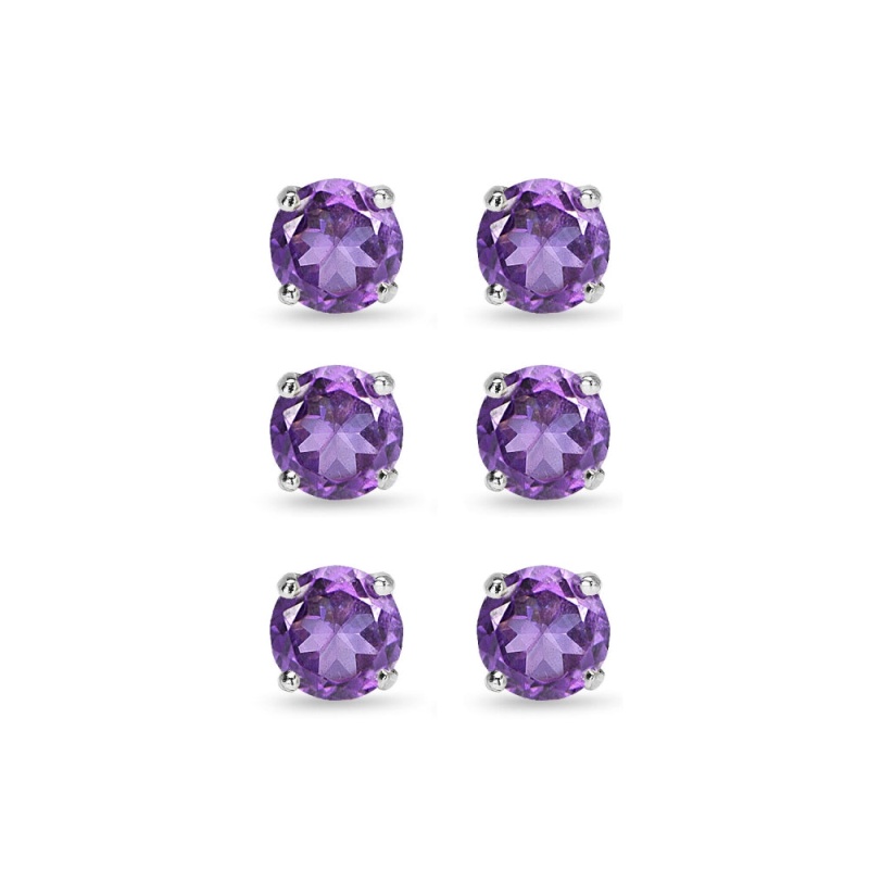3 Pair Set Sterling Silver 6Mm African Amethyst Round Stud Earrings