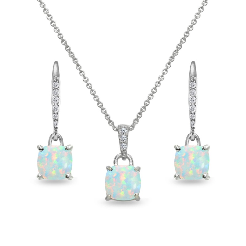 Sterling Silver Created White Opal Cushion-Cut Solitaire Dangle Leverback Earrings & Pendant Necklace Set