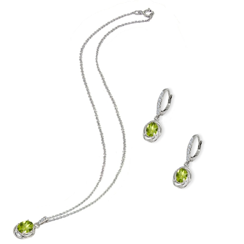 Sterling Silver Peridot & Cubic Zirconia Oval Love Knot Leverback Earrings & Pendant Necklace Set