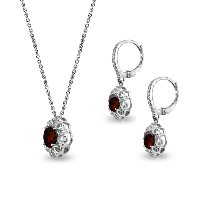Sterling Silver Garnet 6Mm Round-Cut Flower Dainty Slide Necklace & Leverback Earrings Set