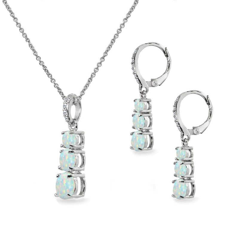 Sterling Silver Created White Opal 3-Stone Journey Pendant Necklace & Dangle Leverback Earrings Set