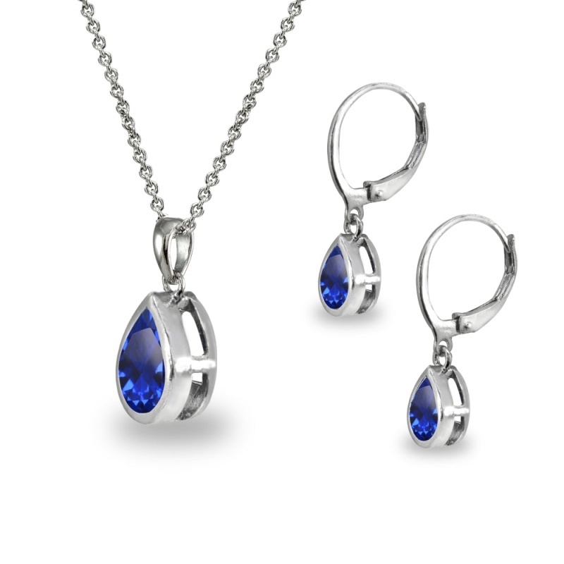 Sterling Silver Created Blue Sapphire Teardrop Bezel-Set Pendant Necklace & Dangle Leverback Earrings Set