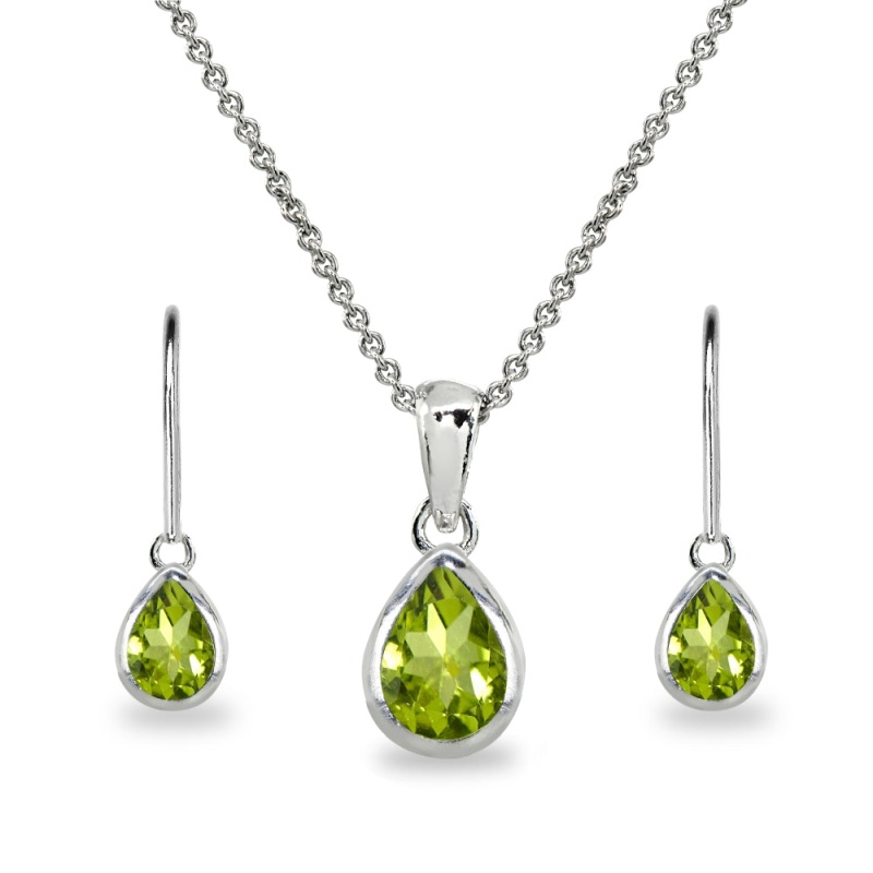 Sterling Silver Peridot Teardrop Bezel-Set Pendant Necklace & Dangle Leverback Earrings Set