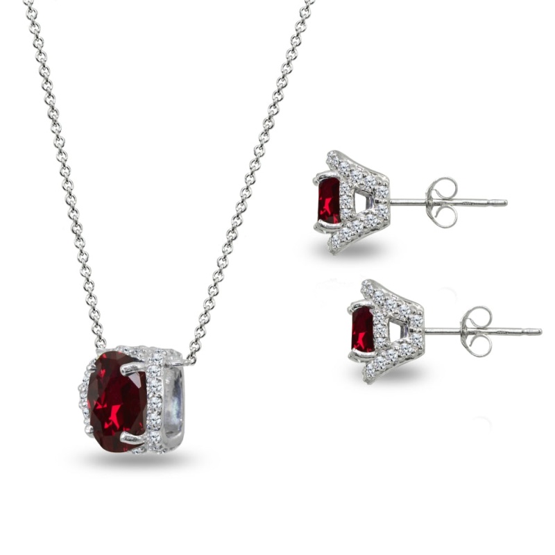 Sterling Silver Synthetic Ruby Oval-Cut Crown Stud Earrings & Necklace Set With Cz Accents