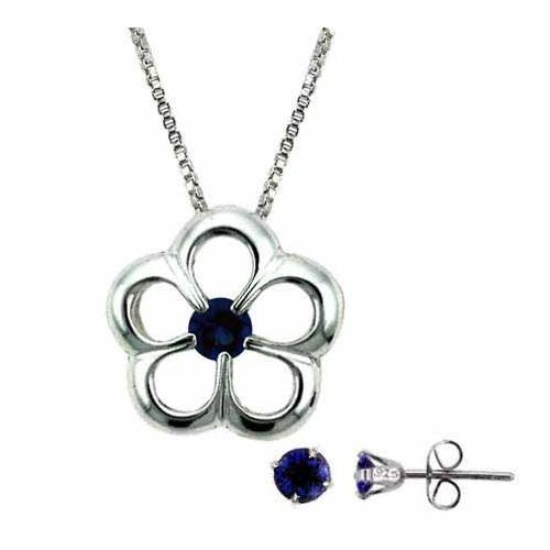 Sterling Silver Tanzanite Cz Flower Necklace & Stud Earrings Set
