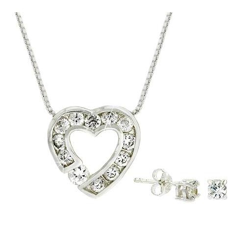 Sterling Silver Cz Heart Pendant And Stud Earrings Set