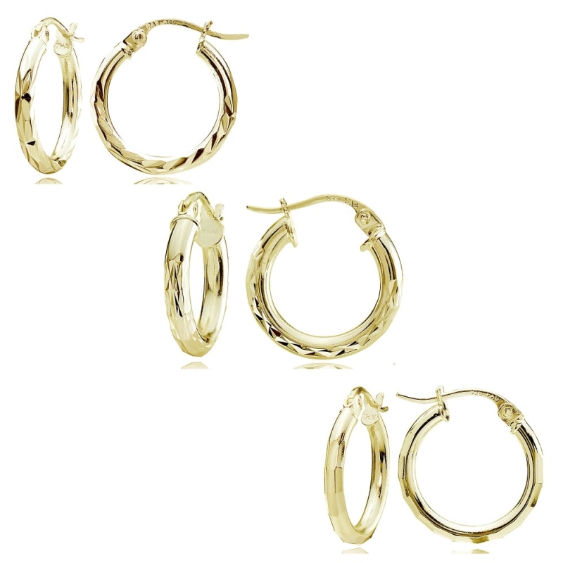 Gold Flash Sterling Silver Polished Diamond-Cut Design 15Mm Round Hoop Earrings, Set Of 3