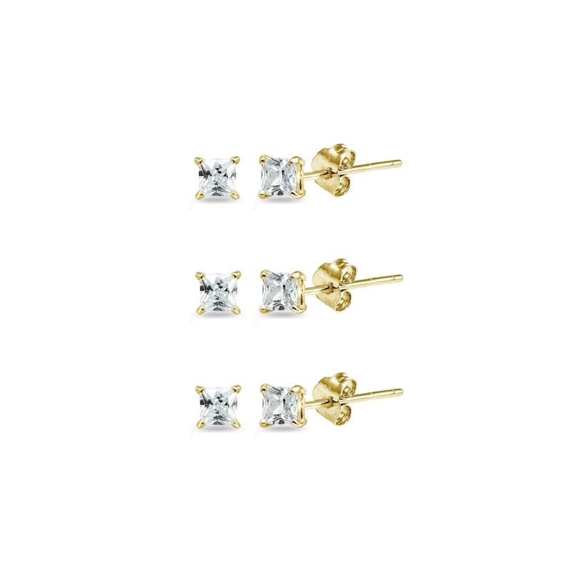 Yellow Gold Flashed Sterling Silver Cubic Zirconia Set Of 3 Princess-Cut Square 2Mm Stud Earrings