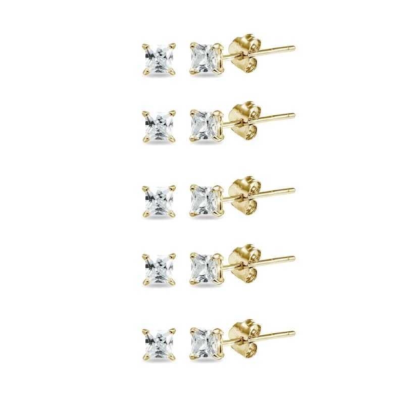 5-Pair Set Yellow Gold Flashed Sterling Silver Cubic Zirconia Princess-Cut 4Mm Square Stud Earrings