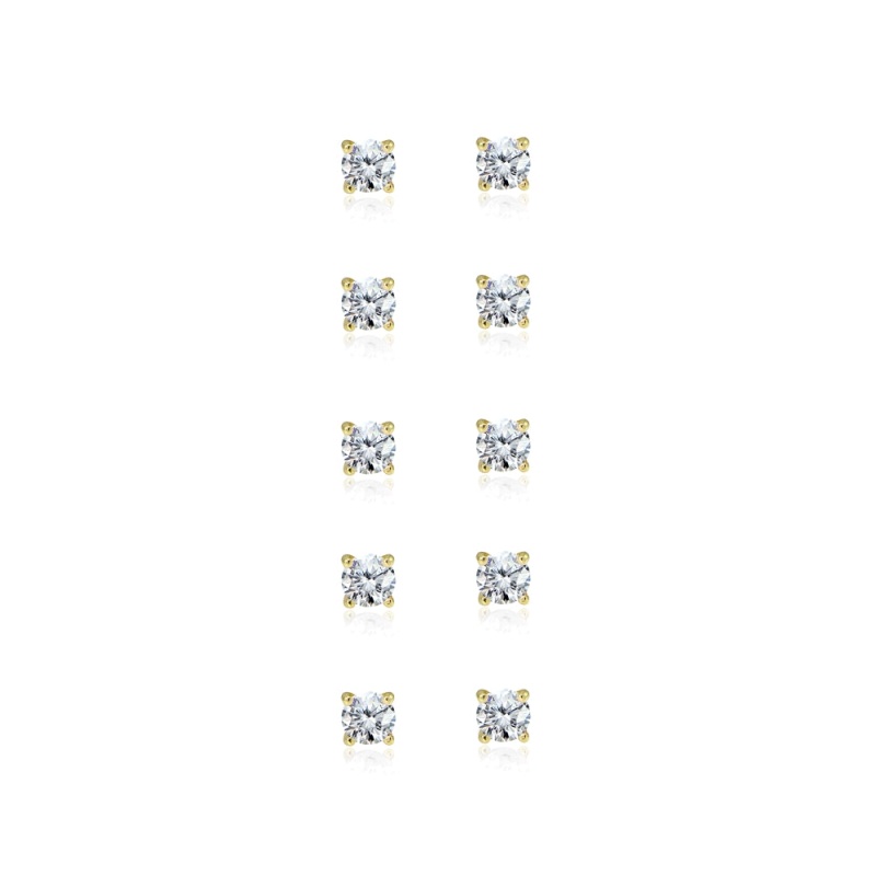 5-Pair Set Yellow Gold Flashed Sterling Silver Cubic Zirconia 4Mm Round Stud Earrings