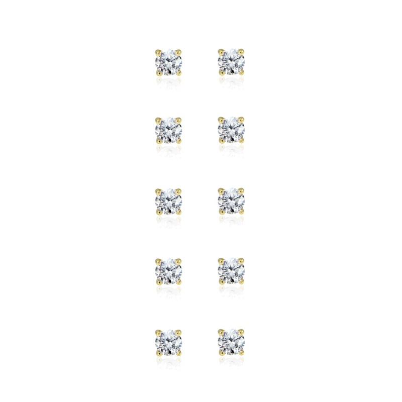 5-Pair Set Yellow Gold Flashed Sterling Silver Cubic Zirconia 5Mm Round Stud Earrings