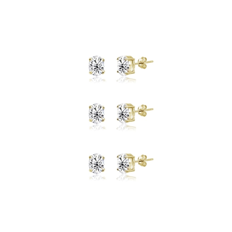3-Pair Set Yellow Gold Flashed Sterling Silver Cubic Zirconia 6X4mm Oval Stud Earrings
