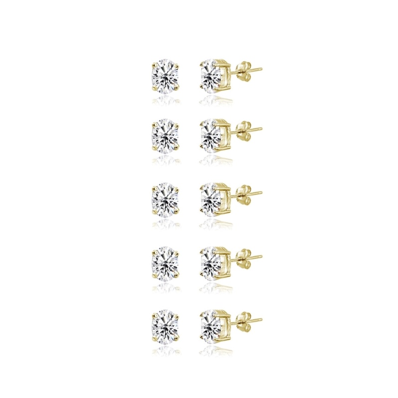 5-Pair Set Yellow Gold Flashed Sterling Silver Cubic Zirconia 6X4mm Oval Stud Earrings