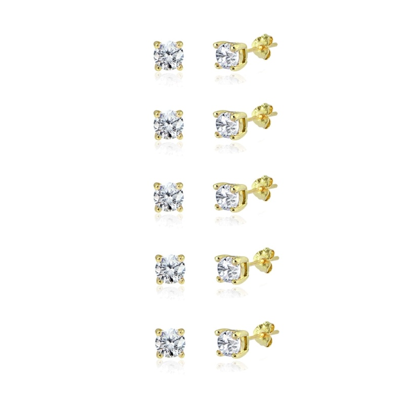 5-Pair Set Yellow Gold Flashed Sterling Silver Cubic Zirconia 6Mm Round Stud Earrings