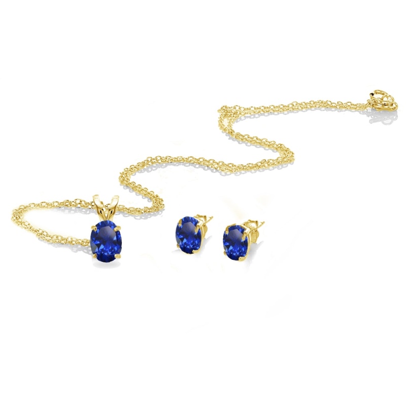 Yellow Gold Flashed Sterling Silver Created Blue Sapphire Oval-Cut Solitaire Necklace And Stud Earrings Set