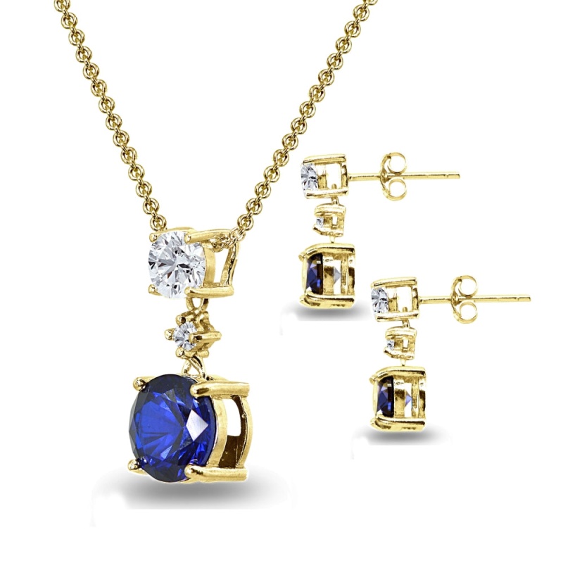 Yellow Gold Flashed Sterling Silver Created Blue Sapphire & White Topaz Round Three Stone Dangling Necklace & Stud Earrings Set