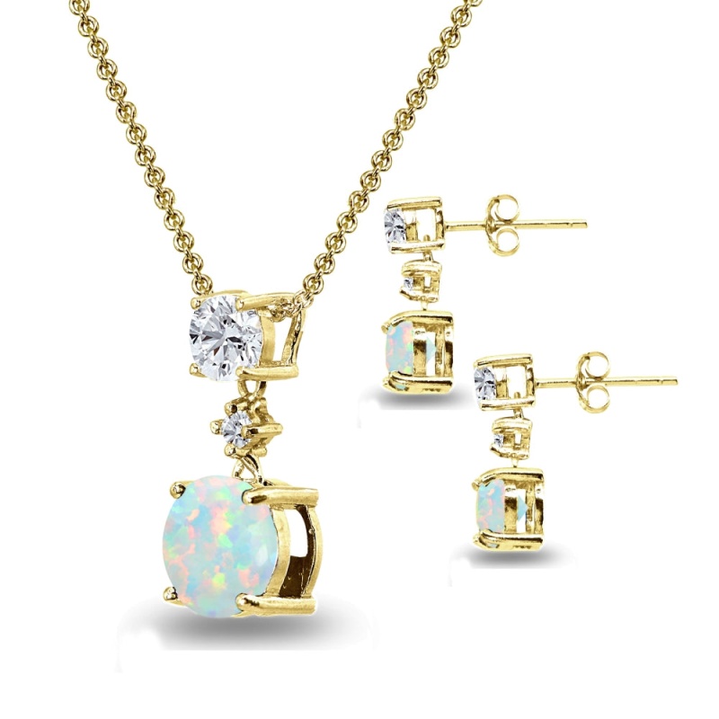 Yellow Gold Flashed Sterling Silver Created White Opal & Topaz Round Three Stone Dangling Necklace & Stud Earrings Set