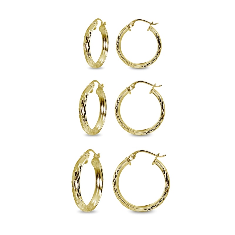 3-Pair Yellow Gold Flashed Sterling Silver 3Mm Diamond-Cut Round Click-Top Small Hoop Earrings Set, 15Mm, 20Mm Or 25Mm