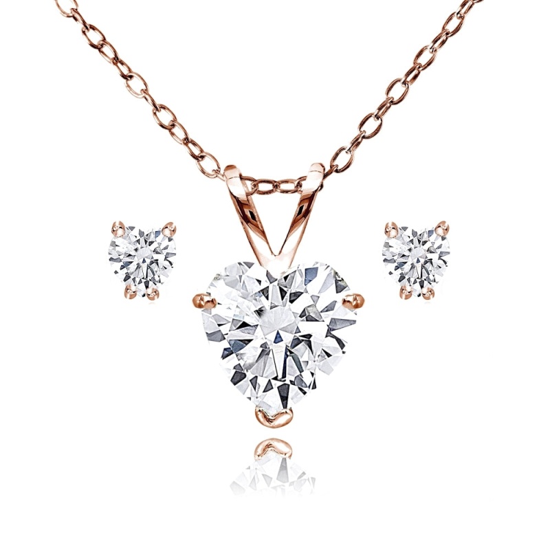 Rose Gold Flash Sterling Silver Aaa Cubic Zirconia Heart Solitaire Necklace & Stud Earrings Set