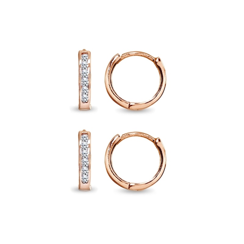 2 Pair Set Rose Gold Flash Sterling Silver Tiny Small 13Mm Channel-Set Cubic Zirconia Round Huggie Hoop Earrings