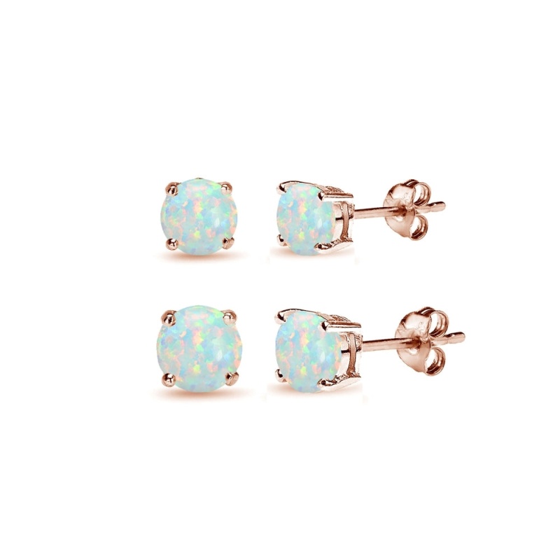 2 Pair Set Rose Gold Flash Sterling Silver Created White Opal Round Stud Earrings, 4Mm 6Mm