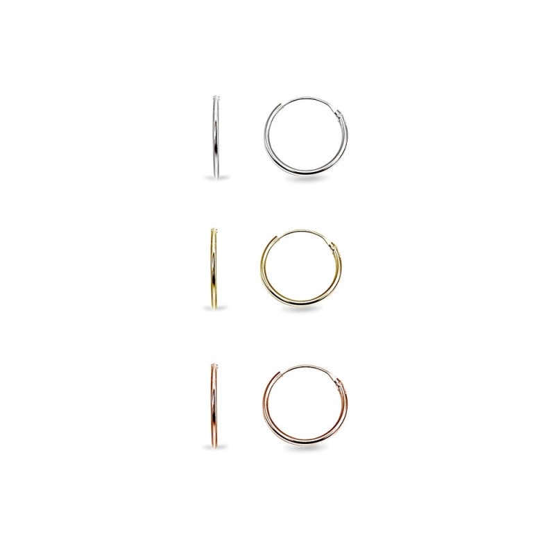 Sterling Silver Tri Color Set Of Three Endless Hoop Earrings, 10Mm