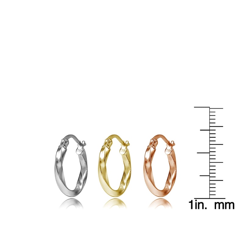 Sterling Silver Tri Color 2X15mm Twist Polished Hoop Earrings Set Of 3