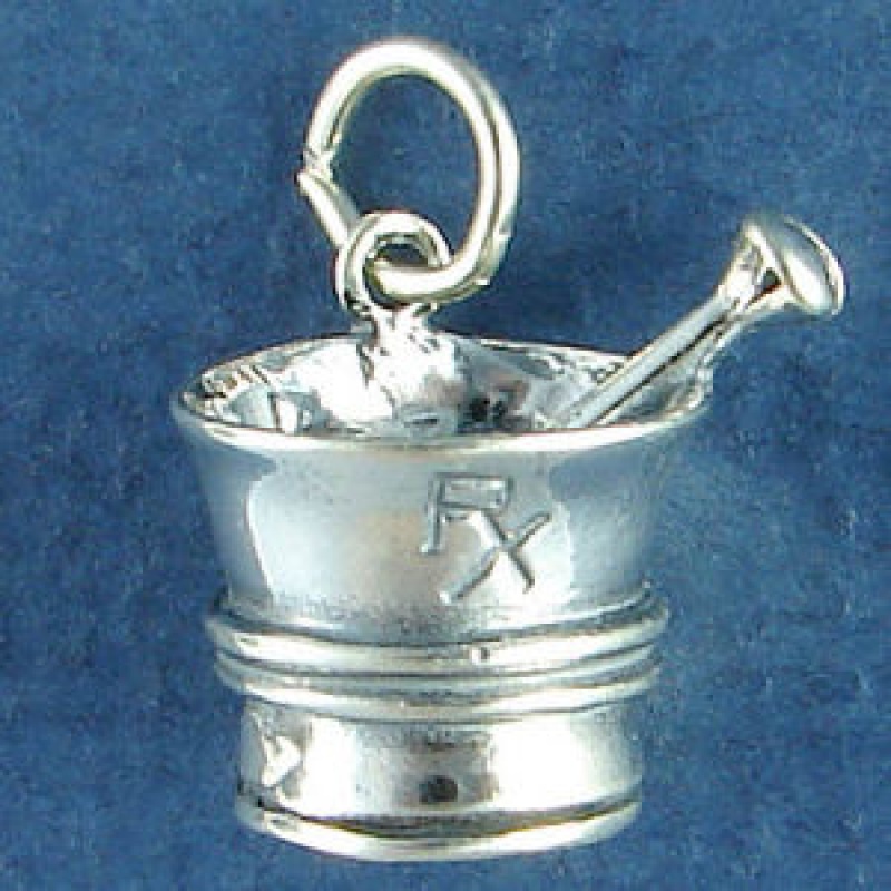 Pharmacist Mortar With R/X For Medical Profession 3D Sterling Silver Charm Pendant