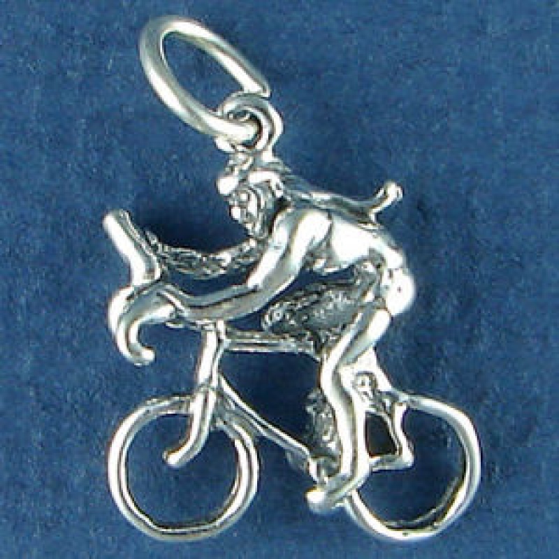 Bicycle With Female Bike Rider 3D Sterling Silver Charm For Charm Bracelet