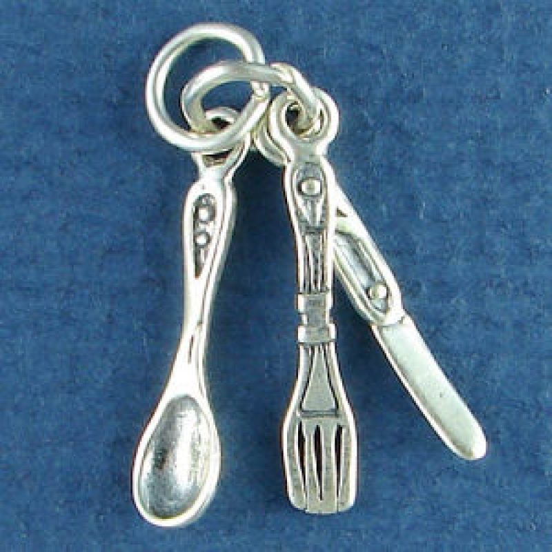 Kitchen: Knife, Fork And Spoon 3D Cooking Utensils Sterling Silver Charm Pendant
