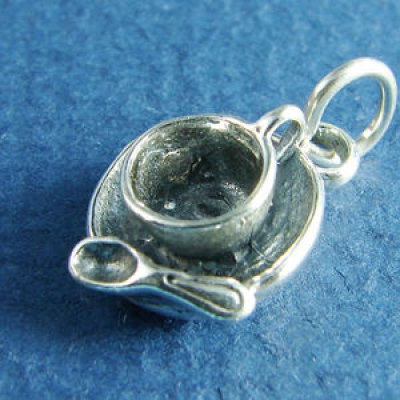 Tea Cup Saucer With Spoon 3D Sterling Silver Charm Pendant