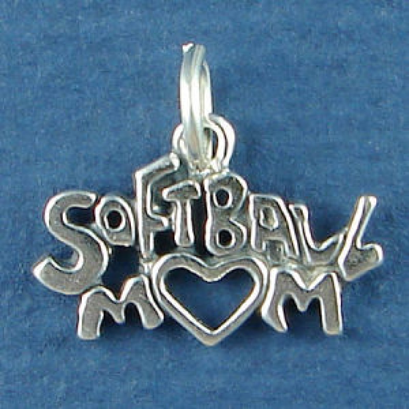 Softball Mom With Heart Sports Sterling Silver Charm Pendant