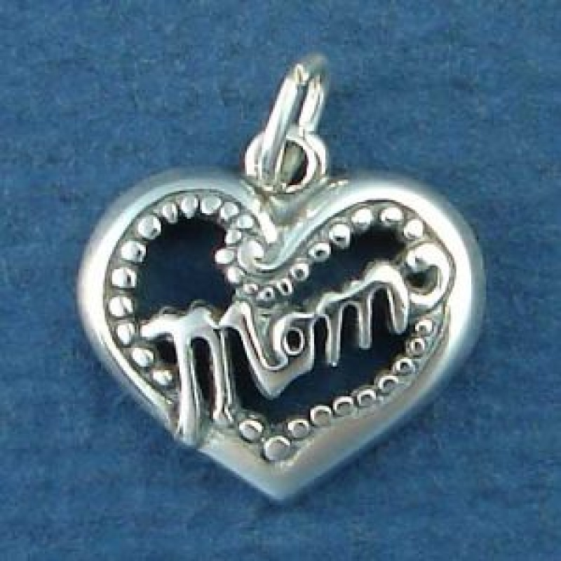 Mom On Heart With Beaded Accents Sterling Silver Charm Pendant