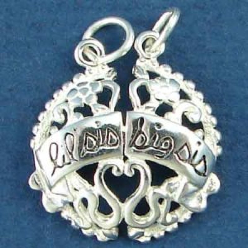 Sisters Brake Apart With Lil Sis And Big Sis Word Phrase Sterling Silver Charm Pendant With Heart And Flower Accent Design
