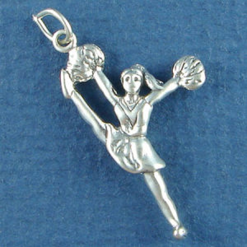 Cheerleader In High Kick With Pom Poms 3D Sterling Silver Charm Pendant
