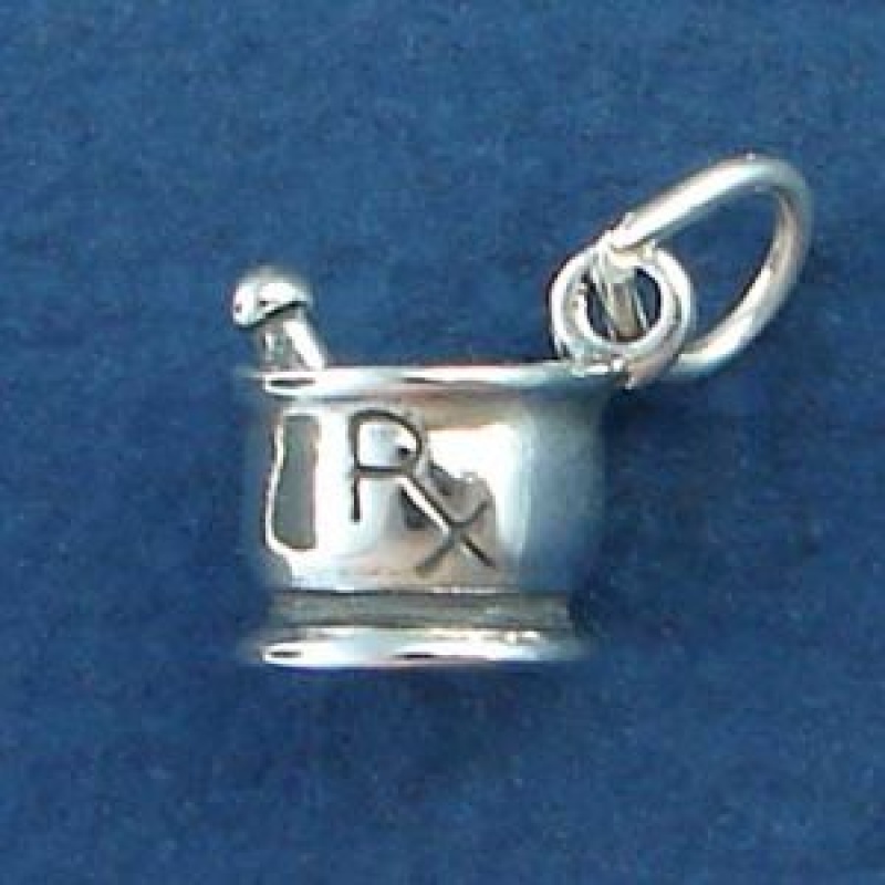 R/X Mortar And Pestle Pharmacy Occupation 3D Sterling Silver Charm Pendant