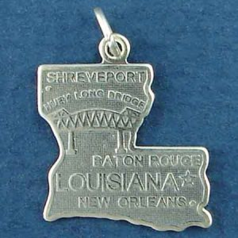 State Of Louisiana Sterling Silver Charm Pendant And Cities Baton Rouge, New Orleans And Shreveport With Picture Of Huey Long Bridge