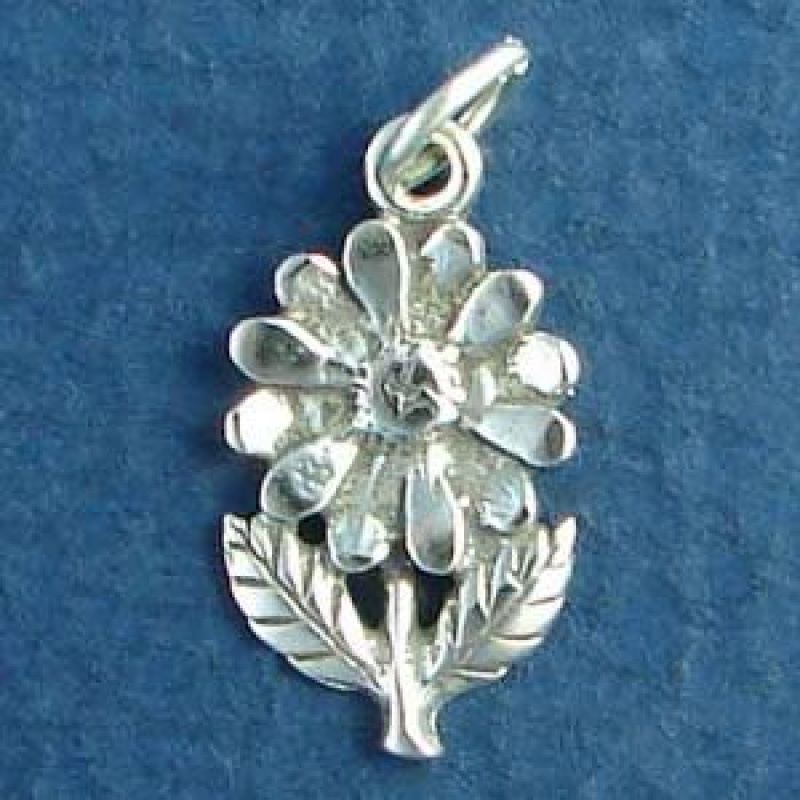 Daisy Flower With Leaves Small Sterling Silver Charm Pendant