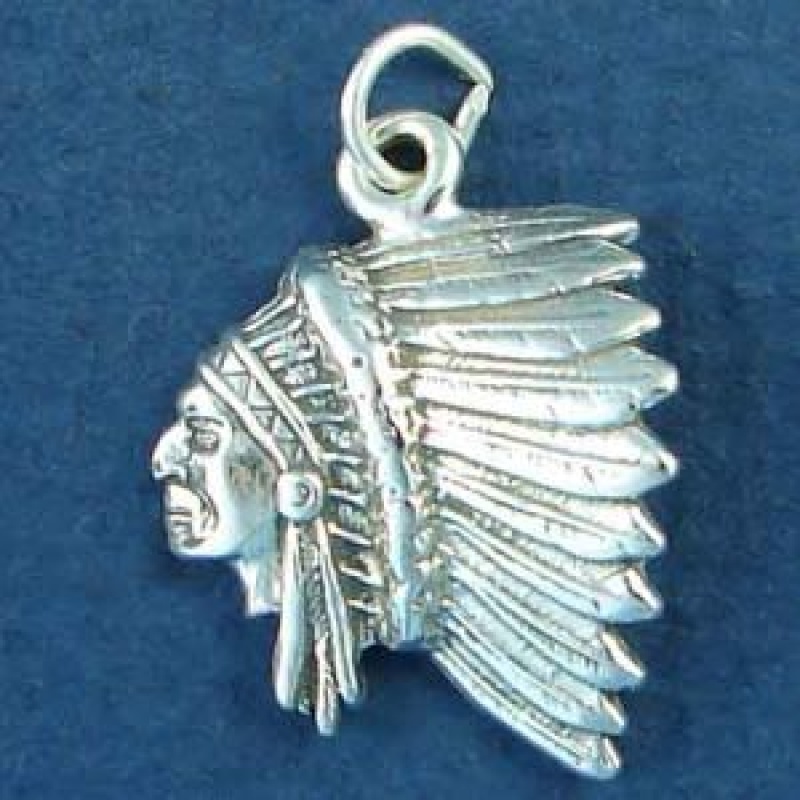 Indian Chief Head In Full Feather Head Dress Sterling Silver Indian Charm Pendant
