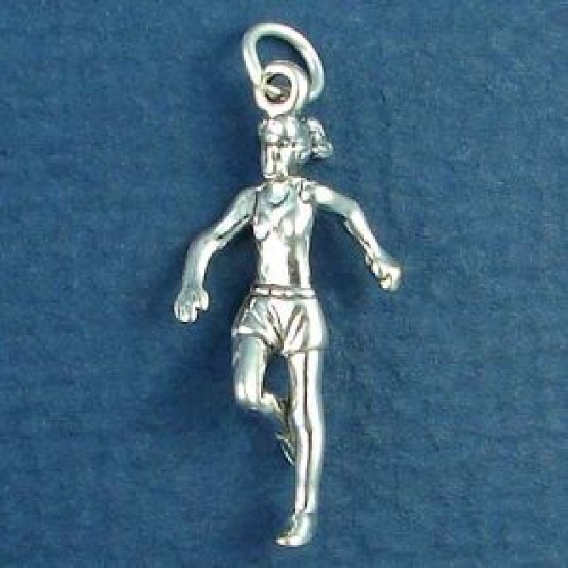 Jogger Running A Marathon Female 3D Sports Sterling Silver Charm Pendant