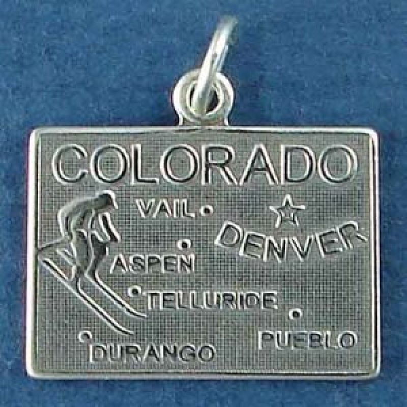 State Of Colorado Sterling Silver Charm Pendant And Cities Denver, Vail, Aspen, Telluride, Durango And Pueblo With Picture Of Snow Skier