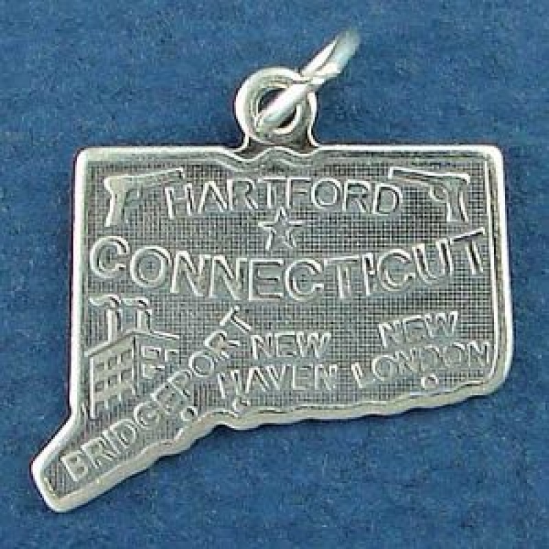 State Of Connecticut Sterling Silver Charm Pendant And Cities Hartford, Bridgeport, New Haven And New London With Picture Of Industry And Gun Manufacturing