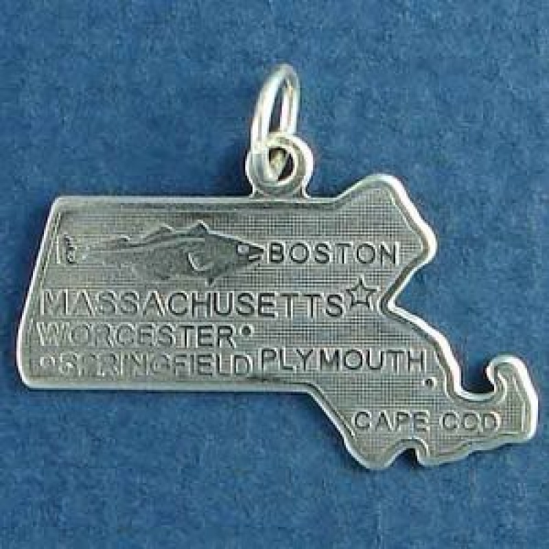 State Of Massachusetts Sterling Silver Charm Pendant And Cities Boston, Plymouth, Worcester And Springfield With Picture Of Fishing Industry And Cape Cod